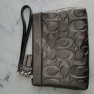 Coach metallic gunmetal grey leather wristlet